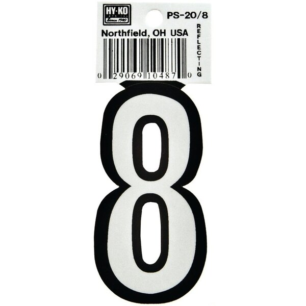 Hy-Ko Reflective Sign, Character: 8, 3-1/4 in H Character, Black/White Character, Vinyl - PS-20/8
