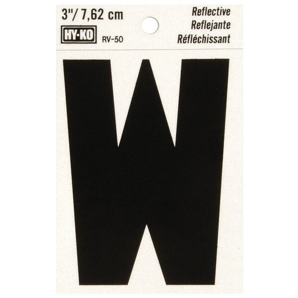Hy-Ko Reflective Letter, Character: W, 3 in H Character, Black Character, Silver Background, Vinyl - RV-50/W