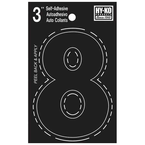 Hy-Ko 30400 Series Die-Cut Number, Character: 8, 3 in H Character, Black Character, Vinyl - 30408
