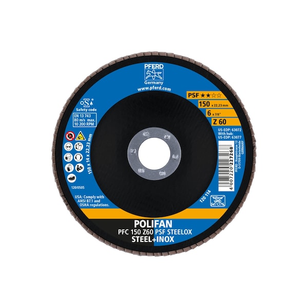 Pferd 6" x 7/8" A.H. POLIFAN Flap Disc - Z PSF STEELOX, Zirconia, 60 Grit, Conical - 63072