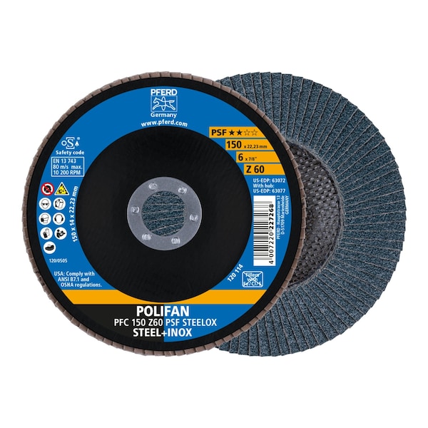 Pferd 6" x 7/8" A.H. POLIFAN Flap Disc - Z PSF STEELOX, Zirconia, 60 Grit, Conical - 63072