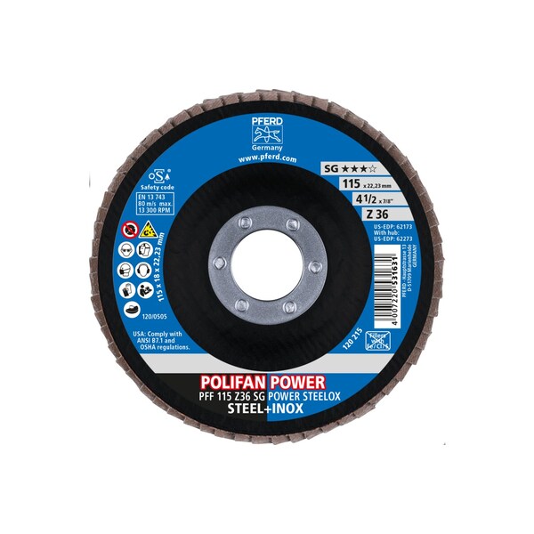 Pferd 4-1/2" x 7/8" A.H. POLIFAN Flap Disc - Z SG POWER STEELOX, Zirconia, 36 Grit, Flat - 62173