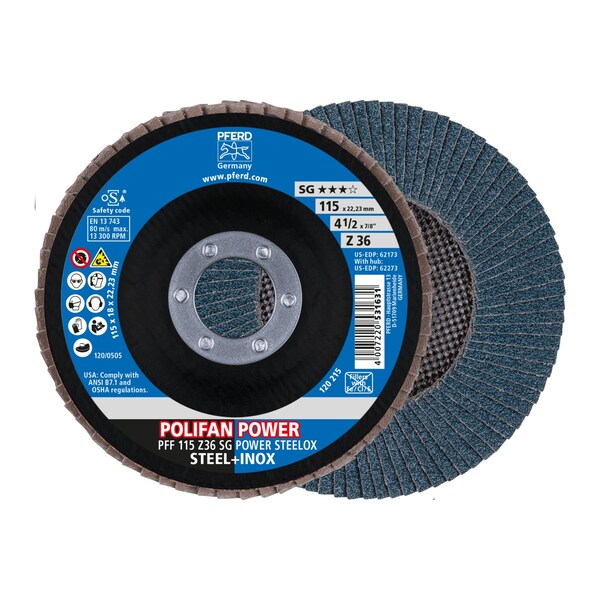 Pferd 4-1/2" x 7/8" A.H. POLIFAN Flap Disc - Z SG POWER STEELOX, Zirconia, 36 Grit, Flat - 62173