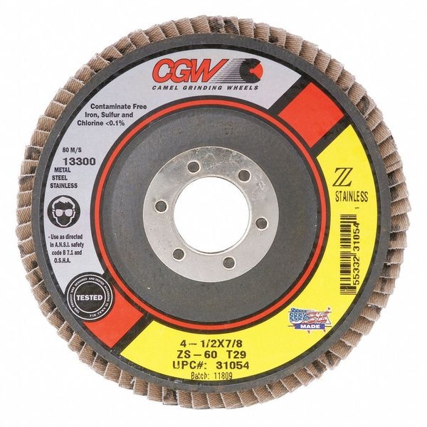 Cgw Abrasives Flap Disc, 4.5x7/8, T27, ZS, XL, 80G - 31095