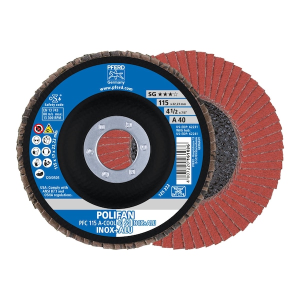 Pferd 4-1/2" x 7/8" A.H. POLIFAN Flap Disc - A-COOL SG INOX+ALU, Aluminum oxide, 40 Grit, Conical - 62231
