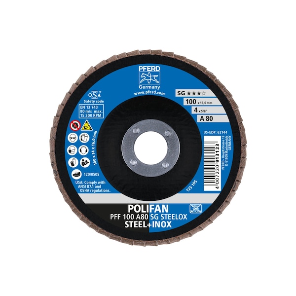 Pferd 4 x 5/8" A.H. POLIFAN Flap Disc - A SG STEELOX, Aluminum oxide, 80 Grit, Flat - 62144