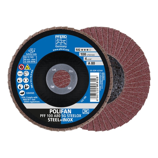 Pferd 4 x 5/8" A.H. POLIFAN Flap Disc - A SG STEELOX, Aluminum oxide, 80 Grit, Flat - 62144