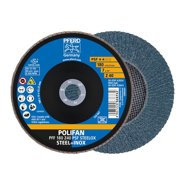 Pferd 7" x 7/8" A.H. POLIFAN Flap Disc - Z PSF STEELOX, Zirconia, 40 Grit, Flat - 62024