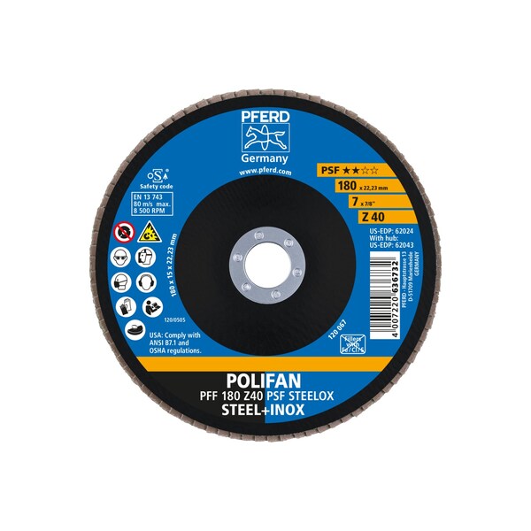 Pferd 7" x 7/8" A.H. POLIFAN Flap Disc - Z PSF STEELOX, Zirconia, 40 Grit, Flat - 62024