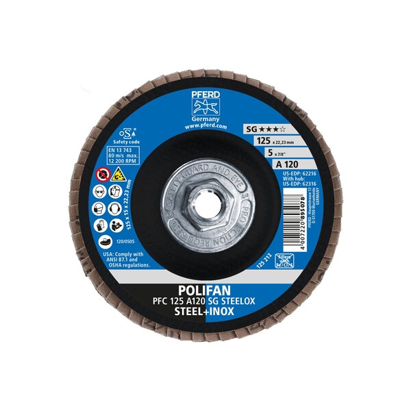 Pferd 5" x 5/8-11 Thd. POLIFAN Flap Disc - A SG STEELOX, Aluminum oxide, 120 Grit, Conical - 62316