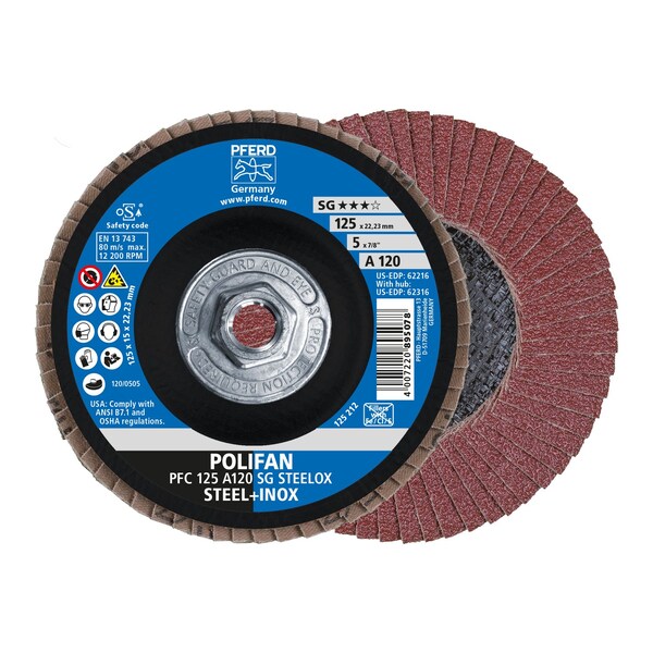 Pferd 5" x 5/8-11 Thd. POLIFAN Flap Disc - A SG STEELOX, Aluminum oxide, 120 Grit, Conical - 62316