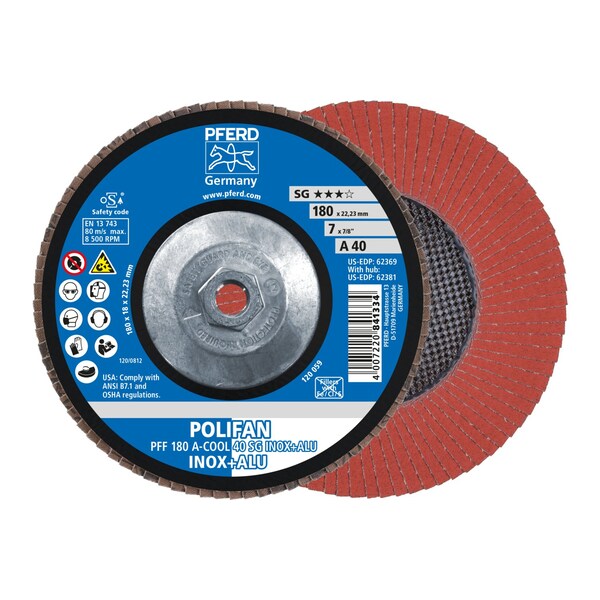 Pferd 7" x 5/8-11 Thd. POLIFAN Flap Disc - A-COOL SG INOX+ALU, Aluminum oxide, 40 Grit, Flat - 62381