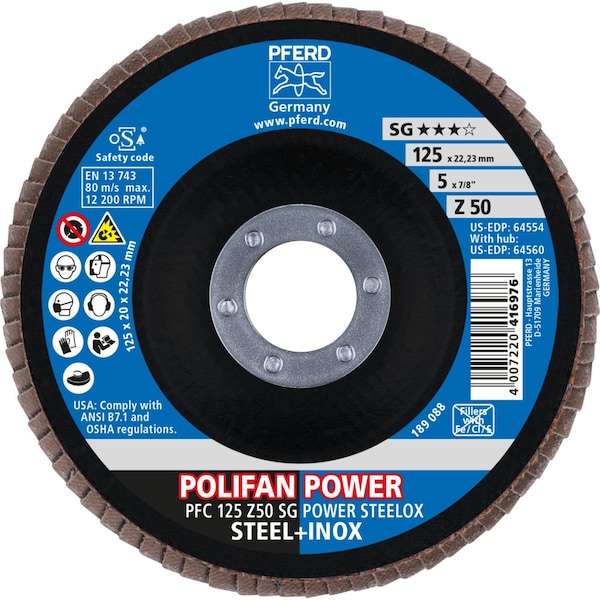 Pferd Flap Disc, 5''x7/8, Z SG POWER STEELOX, 50 Grit, T29, Conical, Zirconia - 64554