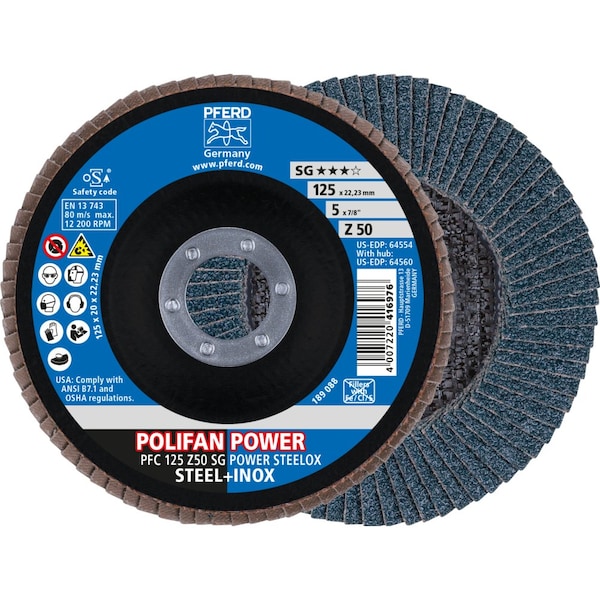 Pferd Flap Disc, 5''x7/8, Z SG POWER STEELOX, 50 Grit, T29, Conical, Zirconia - 64554