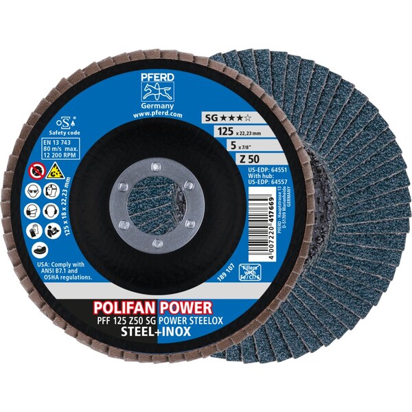 Pferd Flap Disc, 5''x7/8, Z SG POWER STEELOX, 50 Grit, T27, Flat, Zirconia - 64551