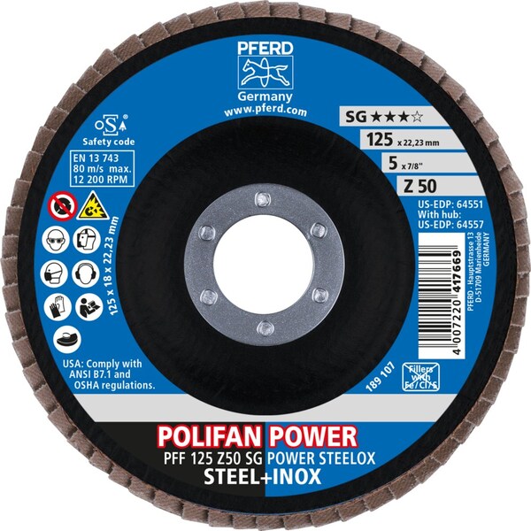 Pferd Flap Disc, 5''x7/8, Z SG POWER STEELOX, 50 Grit, T27, Flat, Zirconia - 64551