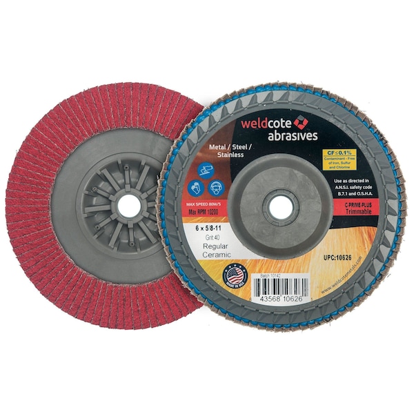 C-Prime Plus Ceramic Premium Trimmable Flap Discs with Built-in Hub, 6in x 5/8-11, Grit 40, 10PK - 10626