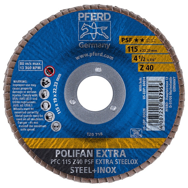 Pferd 4-1/2" x 7/8" A.H. POLIFAN Flap Disc - Z PSF EXTRA STEELOX, Zirconia, 40 Grit, Conical - 60626