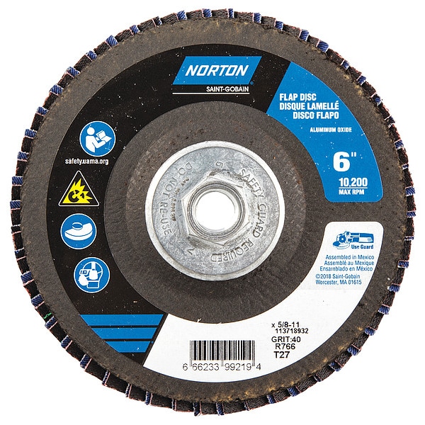 Norton Abrasives Flap Disc, 6 In x 40 Grit, 5/8-11 - 66623399219