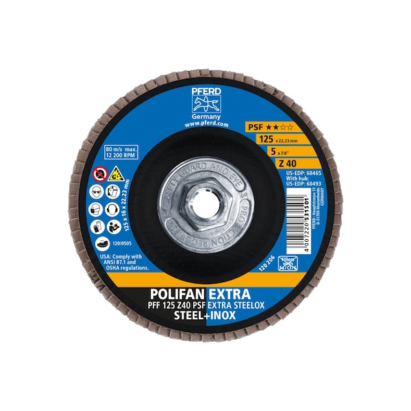 Pferd 5" x 5/8-11 Thd. POLIFAN Flap Disc - Z PSF EXTRA STEELOX, Zirconia, 40 Grit, Flat - 60493