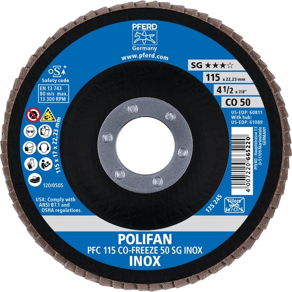 Pferd 4-1/2'' x 7/8'' A.H. POLIFAN Flap Disc - CO-FREEZE SG INOX, Ceramic oxide, 50 Grit, Conical - 60811