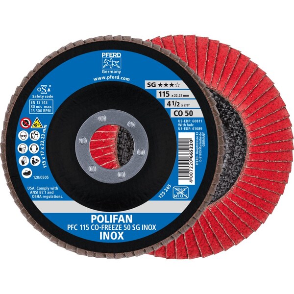 Pferd 4-1/2'' x 7/8'' A.H. POLIFAN Flap Disc - CO-FREEZE SG INOX, Ceramic oxide, 50 Grit, Conical - 60811