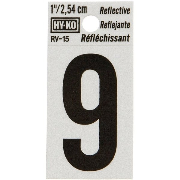 Hy-Ko Reflective Sign, Character: 9, 1 in H Character, Black Character, Silver Background, Vinyl - RV-15/9
