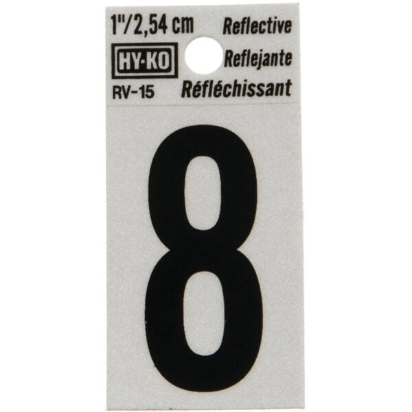 Hy-Ko Reflective Sign, Character: 8, 1 in H Character, Black Character, Silver Background, Vinyl - RV-15/8
