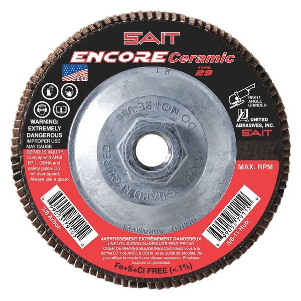 United Abrasives/Sait SAIT 72932 Encore Ceramic Fiberglass Backed Flap Disc  (Type 29) 4-1/2" x 5/8"-11, 60 Grit, 10-Pack - 72932