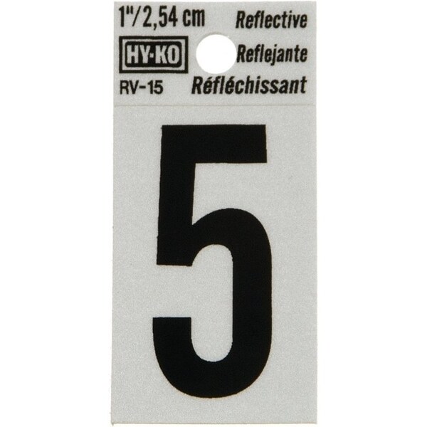 Hy-Ko Reflective Sign, Character: 5, 1 in H Character, Black Character, Silver Background, Vinyl - RV-15/5