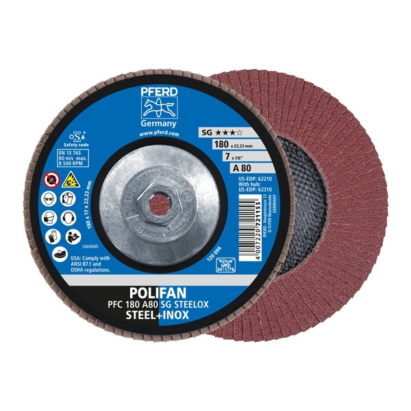 Pferd 7" x 5/8-11 Thd. POLIFAN Flap Disc - A SG STEELOX, Aluminum oxide, 80 Grit, Conical - 62310