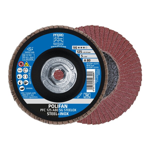 Pferd 5" x 5/8-11 Thd. POLIFAN Flap Disc - A SG STEELOX, Aluminum oxide, 80 Grit, Conical - 62315
