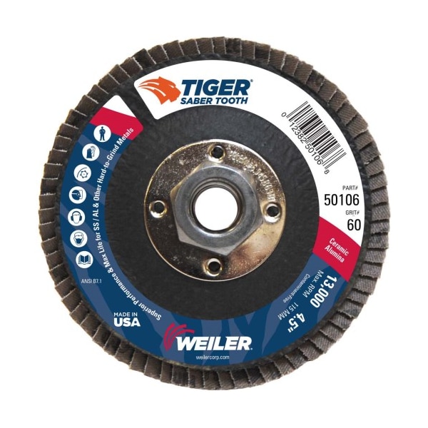 Weiler 4-1/2" Tiger Flap Disc, Conical (TY29), Phenolic Back, 60C, 5/8"-11 UNC - 50106