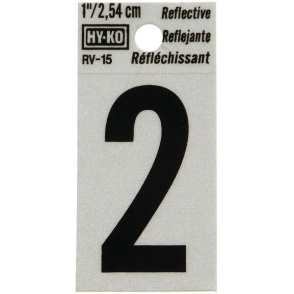Hy-Ko Reflective Sign, Character: 2, 1 in H Character, Black Character, Silver Background, Vinyl - RV-15/2