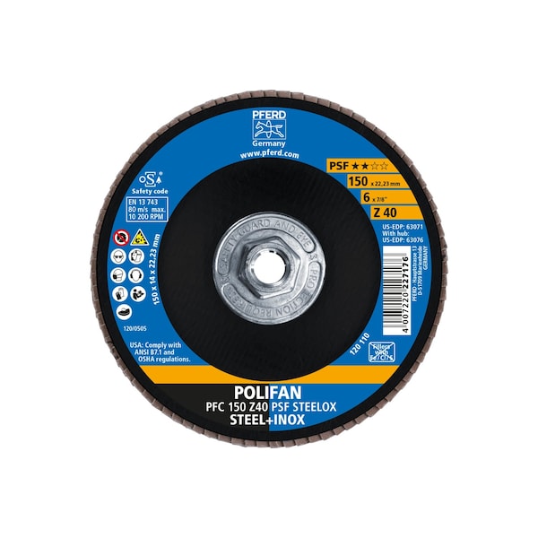 Pferd 6" x 5/8-11 Thd. POLIFAN Flap Disc - Z PSF STEELOX, Zirconia, 40 Grit, Conical - 63076