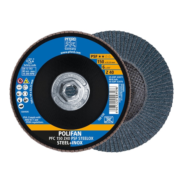 Pferd 6" x 5/8-11 Thd. POLIFAN Flap Disc - Z PSF STEELOX, Zirconia, 40 Grit, Conical - 63076