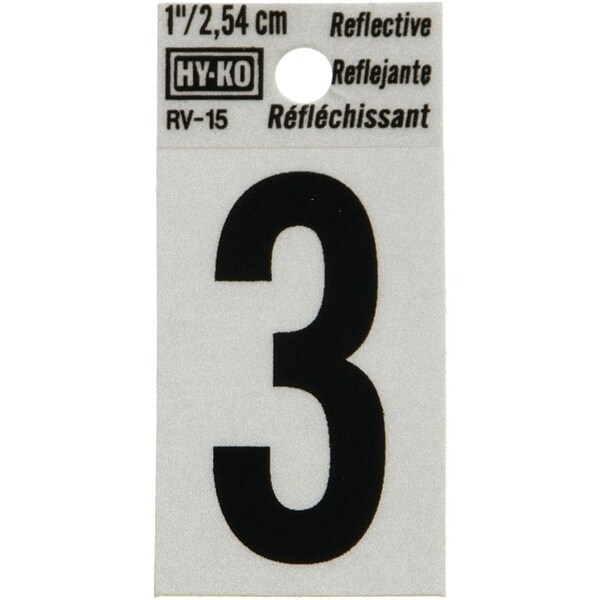 Hy-Ko Reflective Sign, Character: 3, 1 in H Character, Black Character, Silver Background, Vinyl - RV-15/3