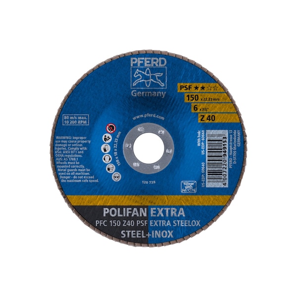 Pferd 6" x 7/8" A.H. POLIFAN Flap Disc - Z PSF EXTRA STEELOX, Zirconia, 40 Grit, Conical - 60640
