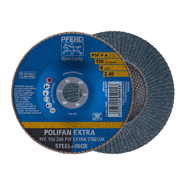 Pferd 6" x 7/8" A.H. POLIFAN Flap Disc - Z PSF EXTRA STEELOX, Zirconia, 40 Grit, Conical - 60640