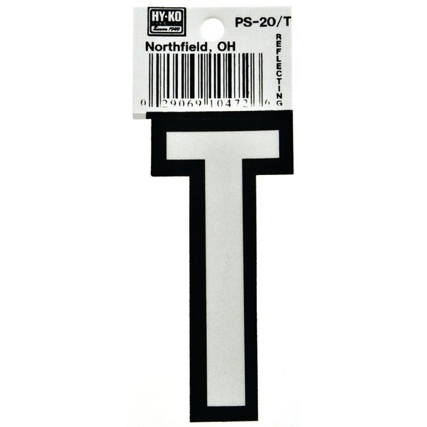 Hy-Ko Reflective Letter, Character: T, 3-1/4 in H Character, Black/White Character, Vinyl - PS-20/T