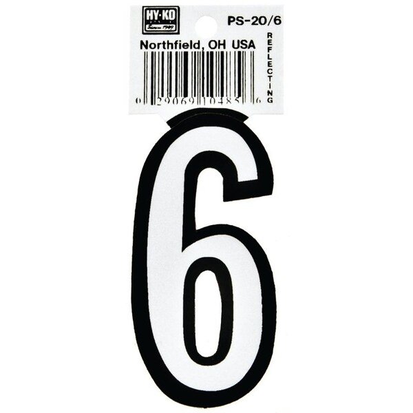 Hy-Ko Reflective Sign, Character: 6, 3-1/4 in H Character, Black/White Character, Vinyl - PS-20/6