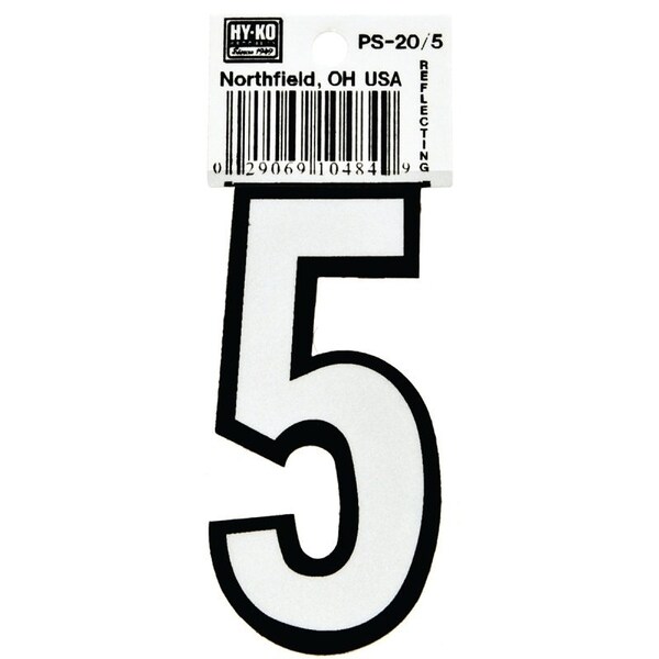 Hy-Ko Reflective Sign, Character: 5, 3-1/4 in H Character, Black/White Character, Vinyl - PS-20/5