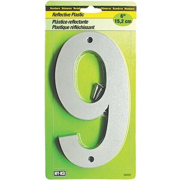 Hy-Ko 30800 Series Reflective Sign, Character 9, 6 in H Character, BlackSilver Character, Plastic - 30809