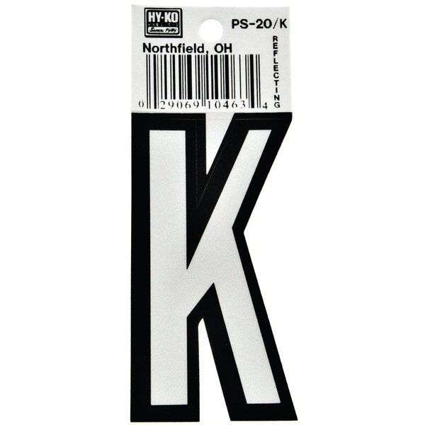 Hy-Ko Reflective Letter, Character: K, 3-1/4 in H Character, Black/White Character, Vinyl - PS-20/K