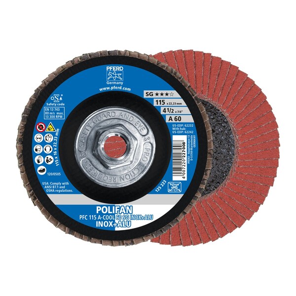 Pferd 4-1/2" x 5/8-11 Thd. POLIFAN Flap Disc - A-COOL SG INOX+ALU, Aluminum oxide, 60 Grit, Conical - 62242