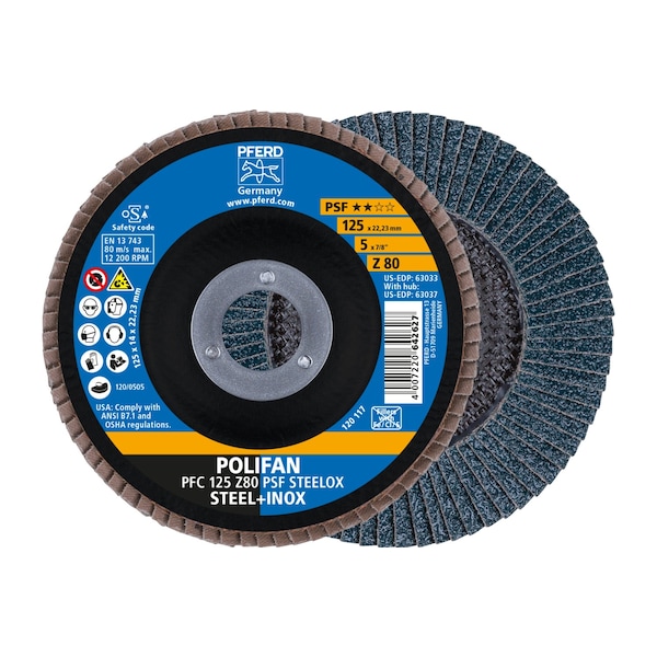 Pferd 5" x 7/8" A.H. POLIFAN Flap Disc - Z PSF STEELOX, Zirconia, 80 Grit, Conical - 63033