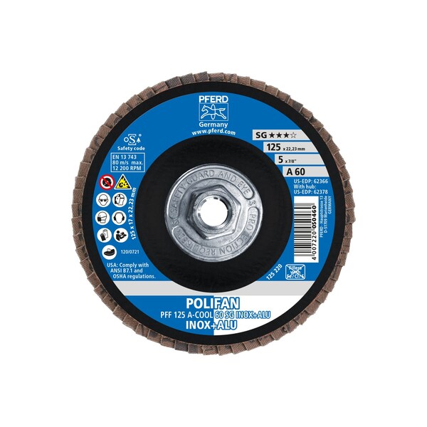 Pferd 5" x 5/8-11 Thd. POLIFAN Flap Disc - A-COOL SG INOX+ALU, Aluminum oxide, 60 Grit, Flat - 62378