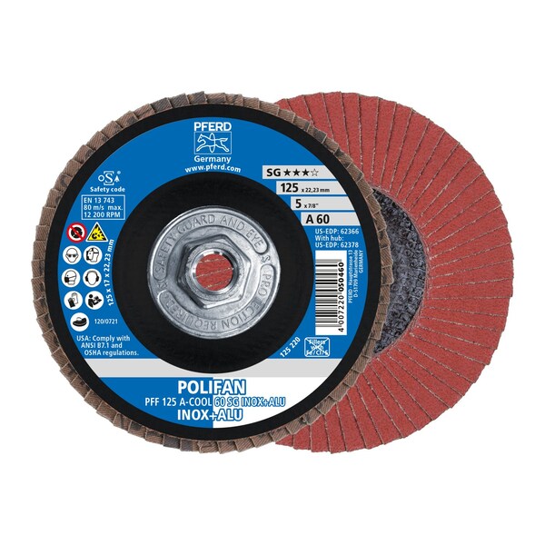 Pferd 5" x 5/8-11 Thd. POLIFAN Flap Disc - A-COOL SG INOX+ALU, Aluminum oxide, 60 Grit, Flat - 62378