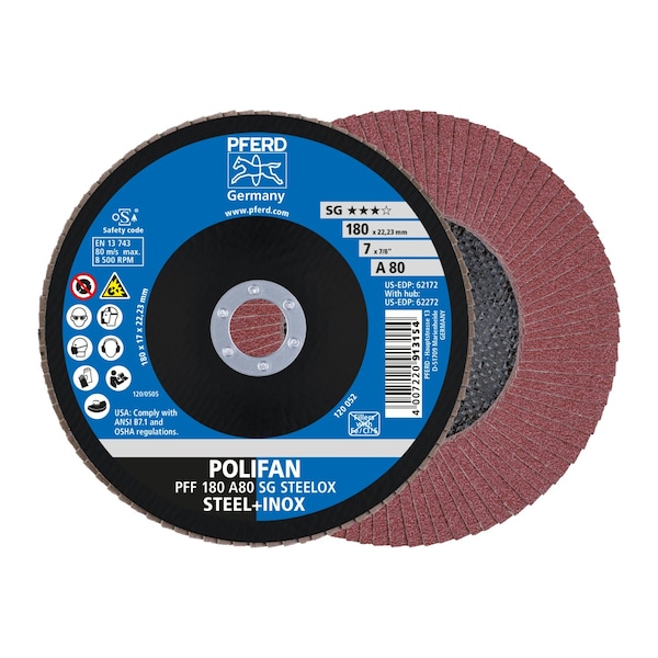 Pferd 7" x 7/8" A.H. POLIFAN Flap Disc - A SG STEELOX, Aluminum oxide, 80 Grit, Flat - 62172