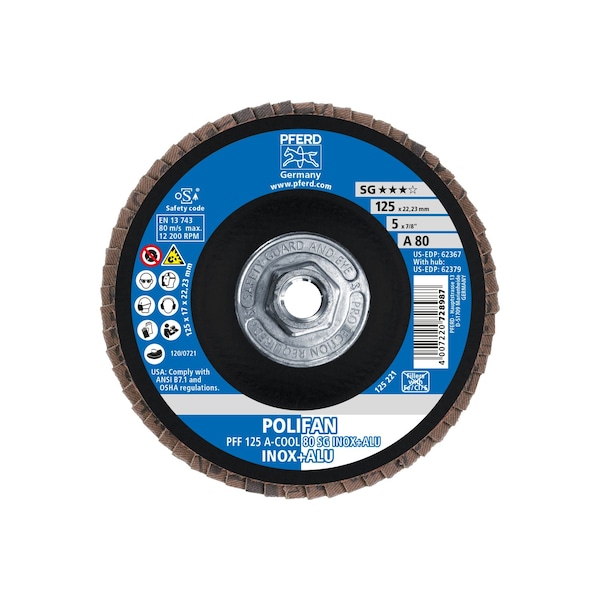 Pferd 5" x 5/8-11 Thd. POLIFAN Flap Disc - A-COOL SG INOX+ALU, Aluminum oxide, 80 Grit, Flat - 62379